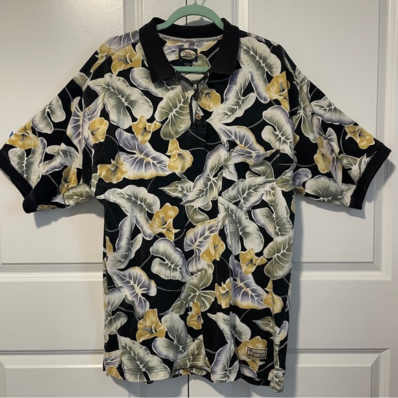 Vintage Tommy Bahama Leaf Floral Hawaiian Shirt Men’s L 100% Cotton Black Yellow - Picture 1 of 8